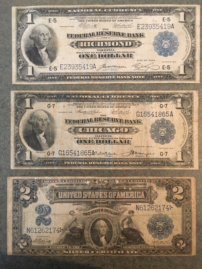 A-Set-Of-Early-US-Currency-Including-Black-Eagles,-Educational-$2,-Etc